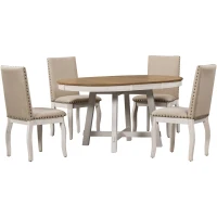 5-Piece Farmhouse Dining Table Set, Extendable Round Table with X-Shaped Base and 4 Upholstered Chairs, Adjustable Length 42-58", Oak Natural Wood + Antique White(m-2)