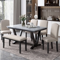 Modern 6-Piece Dining Table Set with 4 Upholstered Chairs and Bench, Marbled Veneers Tabletop, V-Shaped Legs, 60''L x 36''W x 30''H, White