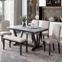 Modern 6-Piece Dining Table Set with 4 Upholstered Chairs and Bench, Marbled Veneers Tabletop, V-Shaped Legs, 60''L x 36''W x 30''H, White(m-1)