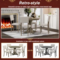 5-Piece Retro Style Round Dining Table Set with Curved Trestle Legs and 4 Upholstered Chairs, Solid Acacia Wood, for Kitchen, Taupe(m-4)