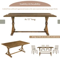 6-Piece Farmhouse Dining Table Set, 72''L x 42''W x 30''H Wood Rectangular Table, 4 Upholstered Chairs with Bench, Ergonomic Design, Solid Wood Construction, Walnut(m-7)