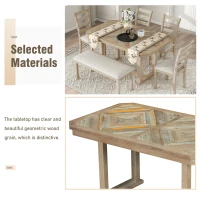 6-Piece Rubber Wood Dining Table Set with Wood Grain Pattern, Solid Wood Veneer, Soft Cushions, and H-Shaped Support Legs, 60"L x 36"W x 30.3"H, Natural Wood Wash(m-6)