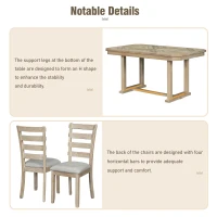 6-Piece Rubber Wood Dining Table Set with Wood Grain Pattern, Solid Wood Veneer, Soft Cushions, and H-Shaped Support Legs, 60"L x 36"W x 30.3"H, Natural Wood Wash(m-7)