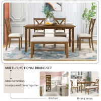 6-Piece Kitchen Dining Table Set, Wooden Rectangular Table with 4 Fabric Chairs and Bench, Durable Solid Wood Frame, Easy Assembly, 60''L x 36''W x 30''H, Natural Cherry(m-5)