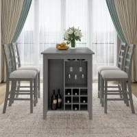 5-Piece Rubber Wood Counter Height Kitchen Table Set with Padded Chairs, Multi-Functional Table, Wine Compartment, and Wineglass Holders, Gray(m-8)