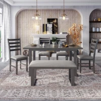 6-Piece Solid Wood Dining Room Set with Rectangular Table, 4 Chairs, and Bench, High-Density Cushions, 60''L x 35.8''W x 30.3''H, Gray(m-8)