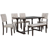 6-Piece Dining Table and Chair Set with Special-Shaped Legs, Foam-Covered Seat Backs & Cushions, Includes 1 Table, 4 Chairs, and 1 Bench, 60''L x 36''W x 30''H, Espresso(m-2)