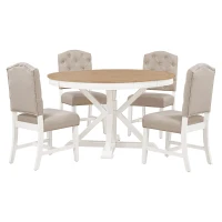 Retro Style Dining Table Set with Extendable Table and 4 Upholstered Chairs, Solid Wood Legs, 42"-54"L x 42"W x 30"H Oval Table, Oak Natural Wood + OFF White(m-2)