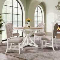 Retro Style Dining Table Set with Extendable Table and 4 Upholstered Chairs, Solid Wood Legs, 42"-54"L x 42"W x 30"H Oval Table, Oak Natural Wood + OFF White(m-3)