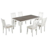 Retro Style 7-Piece Dining Table Set with Extendable Table, 6 Upholstered Chairs, Solid Wood Legs, and Distressed Finish, 54"-70"L x 36"W x 30"H, Brown+White