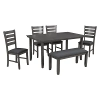 Dining Room Table and Chairs with Bench, Rustic Wood Dining Set, 6-Piece, Distressed Finish, Upholstered Seats, Solid Wood Legs, 60"L x 36"W x 30.3"H Table, Gray(m-2)