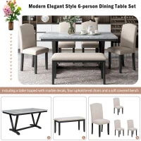 Modern 6-Piece Dining Table Set with 4 Upholstered Chairs and Bench, Marbled Veneers Tabletop, V-Shaped Legs, 60''L x 36''W x 30''H, White(m-4)