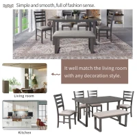 6-Piece Solid Wood Dining Room Set with Rectangular Table, 4 Chairs, and Bench, High-Density Cushions, 60''L x 35.8''W x 30.3''H, Gray(m-4)