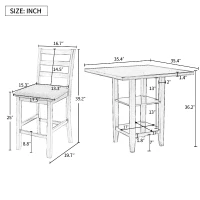 5-Piece Wooden Counter Height Dining Set with Padded Chairs and Storage Shelving, 35.4''L x 35.4''W x 36.2''H Table, 17.5''L x 22''W x 39.2''H Chairs, Espresso(m-3)