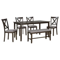 6-Piece Kitchen Dining Table Set, Wooden Rectangular Table with 4 Fabric Chairs and Bench, Durable Solid Wood Frame, 60''L x 36''W x 30''H, Espresso(m-2)