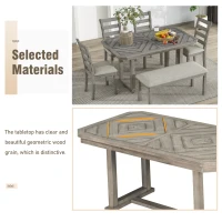 6-Piece Rubber Wood Dining Table Set with Beautiful Wood Grain Pattern, Solid Wood Veneer, Soft Cushions, and H-Shaped Support Legs, 60"L x 36"W x 30.3"H, Gray(m-6)