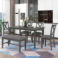 6-Piece Kitchen Dining Table Set, Wooden Rectangular Table with 4 Fabric Chairs and Bench, Waterproof Top, Easy Assembly, 60''L x 36''W x 30''H, Gray(m-1)