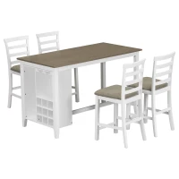 5-Piece Rubber Wood Counter Height Dining Set with Padded Chairs, Wine Compartment, and Wineglass Holders, 59.6"L x 30"W x 36"H, Brown+Whitewash(m-2)