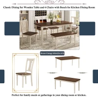 Classic 6-Piece Dining Set, Wooden Table and 4 Chairs with Bench, Sturdy Wood Construction, Ergonomic Design, 60''L x 35.8''W x 30''H, Brown+Cottage White(m-5)
