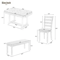 6-Piece Rubber Wood Dining Table Set with Beautiful Wood Grain Pattern, Solid Wood Veneer, Soft Cushions, and H-Shaped Support Legs, 60"L x 36"W x 30.3"H, Gray(m-3)