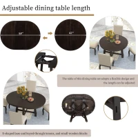 5-Piece Farmhouse Dining Table Set, Wood Round Extendable Table with 4 Upholstered Chairs, Adjustable Length, Solid Structure, 42-58"L x 42"W x 30"H, Espresso(m-6)