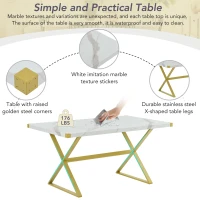 Vinsetto 7-Piece Pedestal Modern Dining Table Set, Rectangular Marble Texture Kitchen Table with 6 PU Leather Chairs and X-Shaped Gold Steel Pipe Legs, 60"L x 36"W x 30"H, White(m-5)