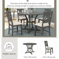 5-Piece Round Dining Table and Chair Set with Special-Shaped Legs, Hollow Chair Back, and Cushioned Seats, 42"Lx42"Wx30"H, Gray(m-5)