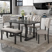 6-Piece Dining Table and Chair Set with Special-Shaped Legs, Foam-Covered Seat Backs & Cushions, Retro Pine Veneer, Gray(m-1)