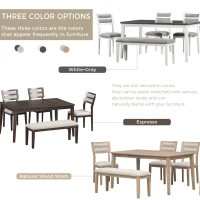 6-Piece Dining Set, Includes Dining Table, 4 Upholstered Chairs & Bench, Rubber Wood Legs, MDF Tabletop, 60''L x 36''W x 30''H, Natural Wood Wash(m-5)