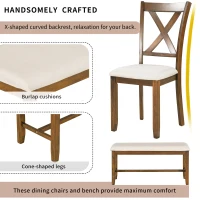 6-Piece Kitchen Dining Table Set, Wooden Rectangular Table with 4 Fabric Chairs and Bench, Durable Solid Wood Frame, Easy Assembly, 60''L x 36''W x 30''H, Natural Cherry(m-6)