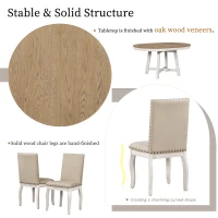 5-Piece Farmhouse Dining Table Set, Extendable Round Table with X-Shaped Base and 4 Upholstered Chairs, Adjustable Length 42-58", Oak Natural Wood + Antique White(m-6)