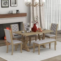 Vinsetto 6-Piece Retro Dining Set with Unique Table Legs and Foam-Covered Seats, Solid Wood Construction, 60" Table, Gray Wash(m-1)
