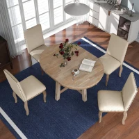 5-Piece Farmhouse Dining Table Set, Wood Round Extendable Table with 4 Upholstered Chairs, Adjustable Length, Solid Structure, 42~58"L x 42"W x 30"H, Natural Wood Wash(m-1)