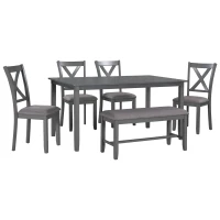 6-Piece Kitchen Dining Table Set, Wooden Rectangular Table with 4 Fabric Chairs and Bench, Waterproof Top, Easy Assembly, 60''L x 36''W x 30''H, Gray(m-2)