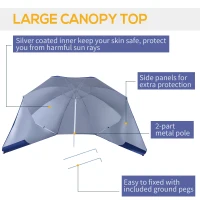 Outsunny 7.5FT 2-in-1 Beach Umbrella with Carry Bag, Umbrella Shelter with Silver Coated UPF50+ UV Protection and Adjustable Height for Camping, Fishing, Backyard, Blue(m-6)