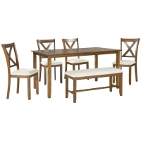 6-Piece Kitchen Dining Table Set, Wooden Rectangular Table with 4 Fabric Chairs and Bench, Durable Solid Wood Frame, Easy Assembly, 60''L x 36''W x 30''H, Natural Cherry(m-2)