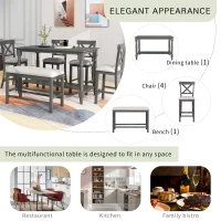 6-Piece Counter Height Dining Table Set with Shelf, 4 Chairs and Bench, High-Density Foam Cushions, MDF and Melaleucar Wood, 60''L x 29.5''W x 36''H, Gray(m-5)