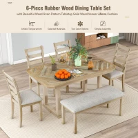 6-Piece Rubber Wood Dining Table Set with Wood Grain Pattern, Solid Wood Veneer, Soft Cushions, and H-Shaped Support Legs, 60"L x 36"W x 30.3"H, Natural Wood Wash(m-4)