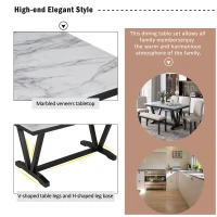 Modern 6-Piece Dining Table Set with 4 Upholstered Chairs and Bench, Marbled Veneers Tabletop, V-Shaped Legs, 60''L x 36''W x 30''H, White(m-7)