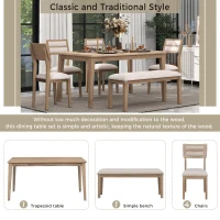 6-Piece Dining Set, Includes Dining Table, 4 Upholstered Chairs & Bench, Rubber Wood Legs, MDF Tabletop, 60''L x 36''W x 30''H, Natural Wood Wash(m-4)