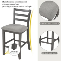 5-Piece Wooden Counter Height Dining Set with Padded Chairs and Storage Shelving, 35.4''L x 35.4''W x 36.2''H Table, 17.5''L x 19.7''W x 39.2''H Chairs, Gray(m-6)