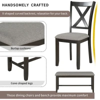 6-Piece Kitchen Dining Table Set, Wooden Rectangular Table with 4 Fabric Chairs and Bench, Durable Solid Wood Frame, 60''L x 36''W x 30''H, Espresso(m-6)