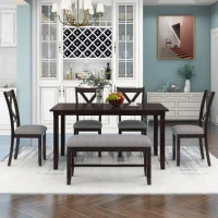6-Piece Kitchen Dining Table Set, Wooden Rectangular Table with 4 Fabric Chairs and Bench, Durable Solid Wood Frame, 60''L x 36''W x 30''H, Espresso(m-8)