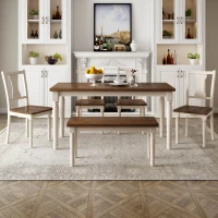 Classic 6-Piece Dining Set, Wooden Table and 4 Chairs with Bench, Sturdy Wood Construction, Ergonomic Design, 60''L x 35.8''W x 30''H, Brown+Cottage White(m-8)