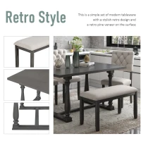 6-Piece Dining Table and Chair Set with Special-Shaped Legs, Foam-Covered Seat Backs & Cushions, Retro Pine Veneer, Gray(m-5)