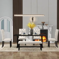 6-Piece Farmhouse Dining Table Set, 72''L x 42''W x 30''H Wood Rectangular Table with 4 Upholstered Chairs and Bench, Ergonomic Design, Espresso(m-3)