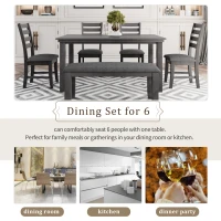 Dining Room Table and Chairs with Bench, Rustic Wood Dining Set, 6-Piece, Distressed Finish, Upholstered Seats, Solid Wood Legs, 60"L x 36"W x 30.3"H Table, Gray(m-4)