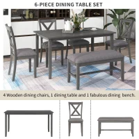 6-Piece Kitchen Dining Table Set, Wooden Rectangular Table with 4 Fabric Chairs and Bench, Waterproof Top, Easy Assembly, 60''L x 36''W x 30''H, Gray(m-5)