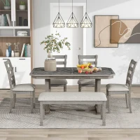 6-Piece Rubber Wood Dining Table Set with Beautiful Wood Grain Pattern, Solid Wood Veneer, Soft Cushions, and H-Shaped Support Legs, 60"L x 36"W x 30.3"H, Gray(m-8)