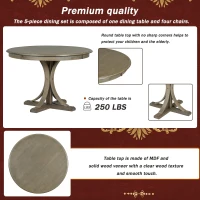 5-Piece Retro Style Round Dining Table Set with Curved Trestle Legs and 4 Upholstered Chairs, Solid Acacia Wood, for Kitchen, Taupe(m-7)